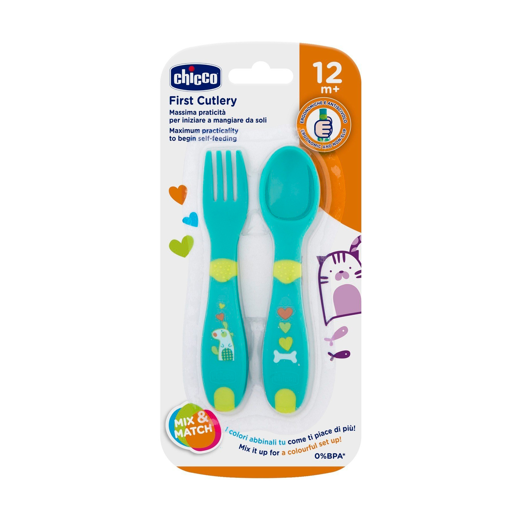 Дитячий набір ложка та виделка для годування Chicco First Cutlery від 12місяців, зелений (16101.30)